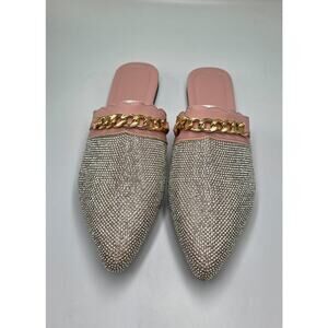 Women’s Rhinestone Mule Loafers Pink Gold Chain Slip On Flats Size 9 New